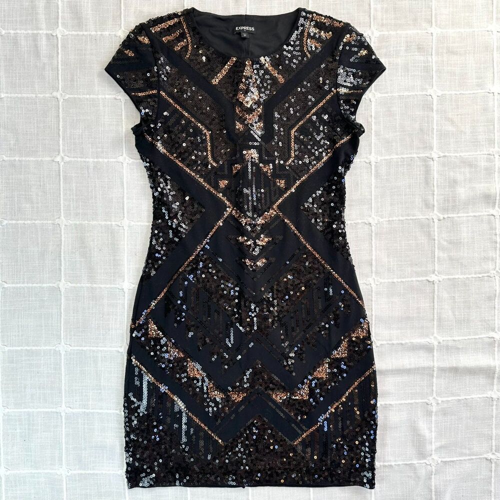 Express New Years Eve Cocktail Dress Black & Gold Sequin Geo Mini Bodycon Size S